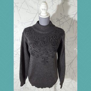 White Stag VTG Gray Wool Blend 3D Swirl Applique Mockneck Sweater